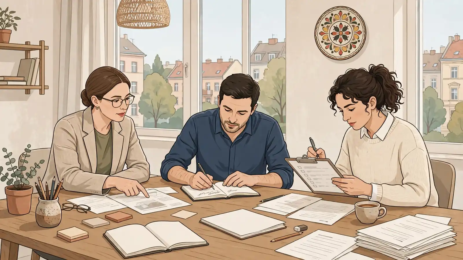Szerkesztői csapat dokumentumokat vizsgál egy modern irodában