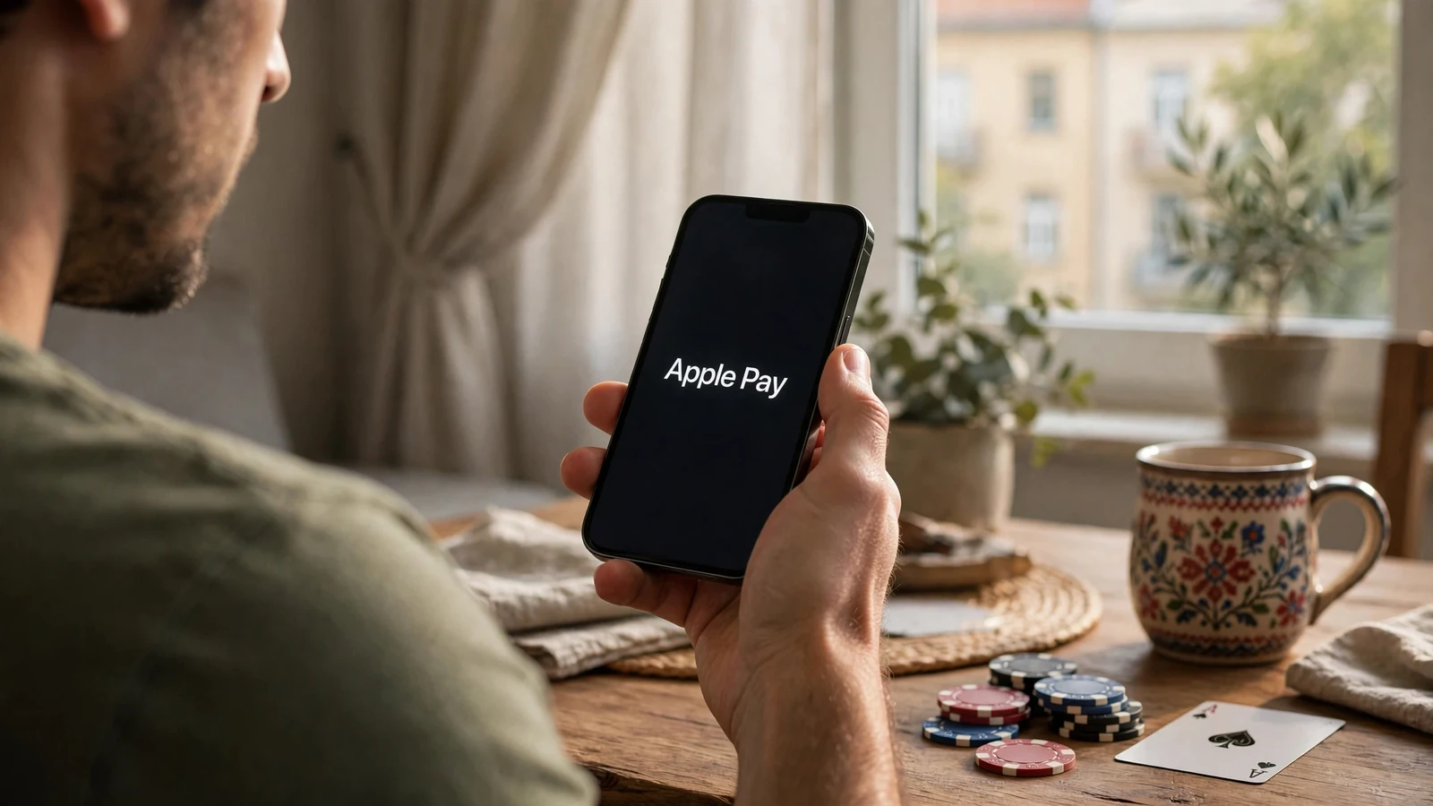 Magyar játékos Apple Pay fizetést használ okostelefonnal, mellette zsetonokkal