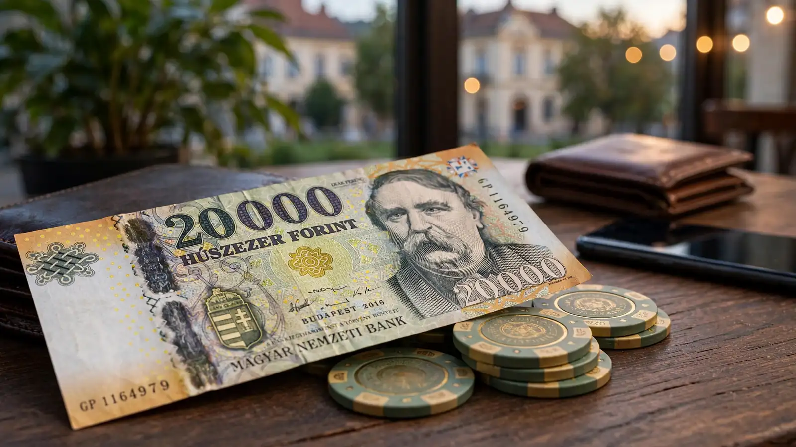 Magyar forint bankjegy és zsetonok egy asztalon, online kaszinó banki átutalásának illusztrációja.