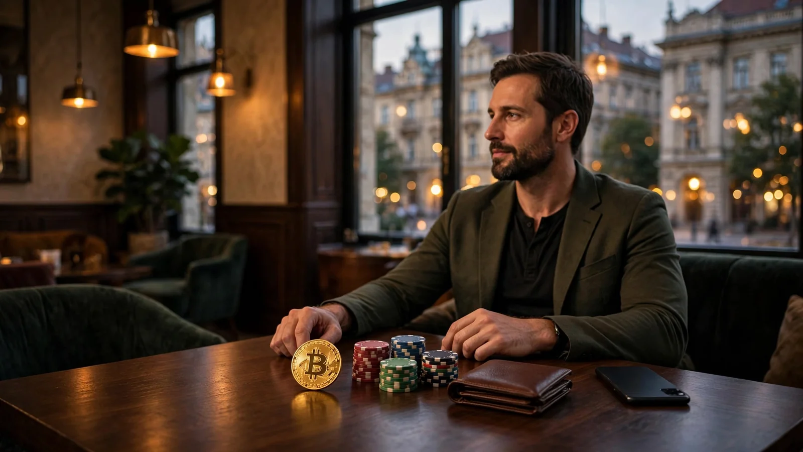 Bitcoin érme és kaszinó zsetonok egy elegáns budapesti szalon asztalán, esti hangulatban.