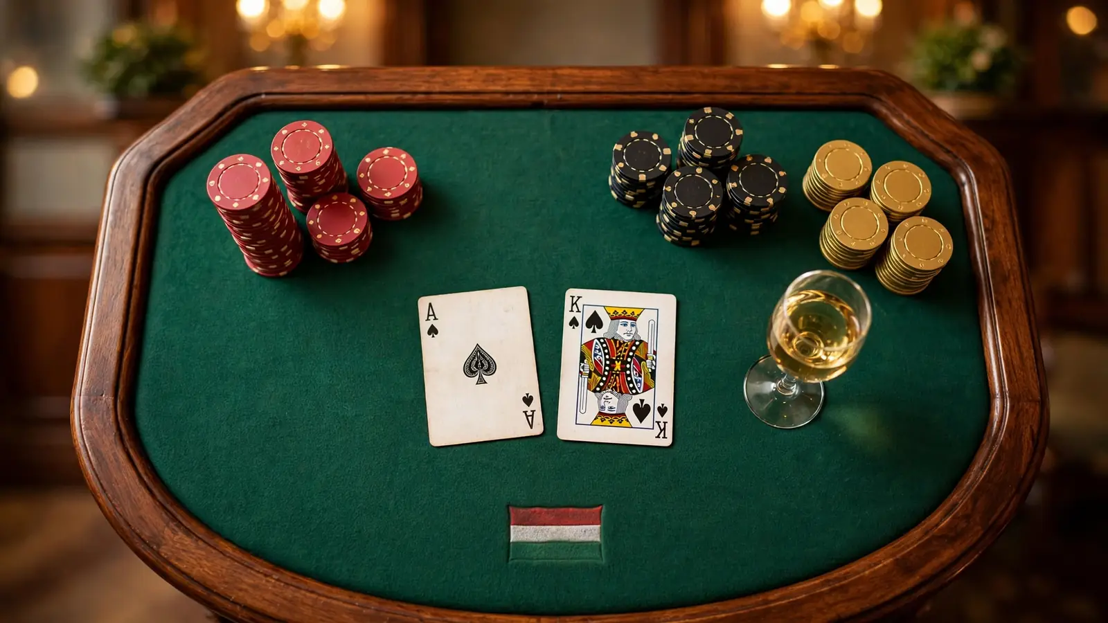 Elegáns blackjack asztal zöld posztóval, zsetonokkal és magyar borospohárral