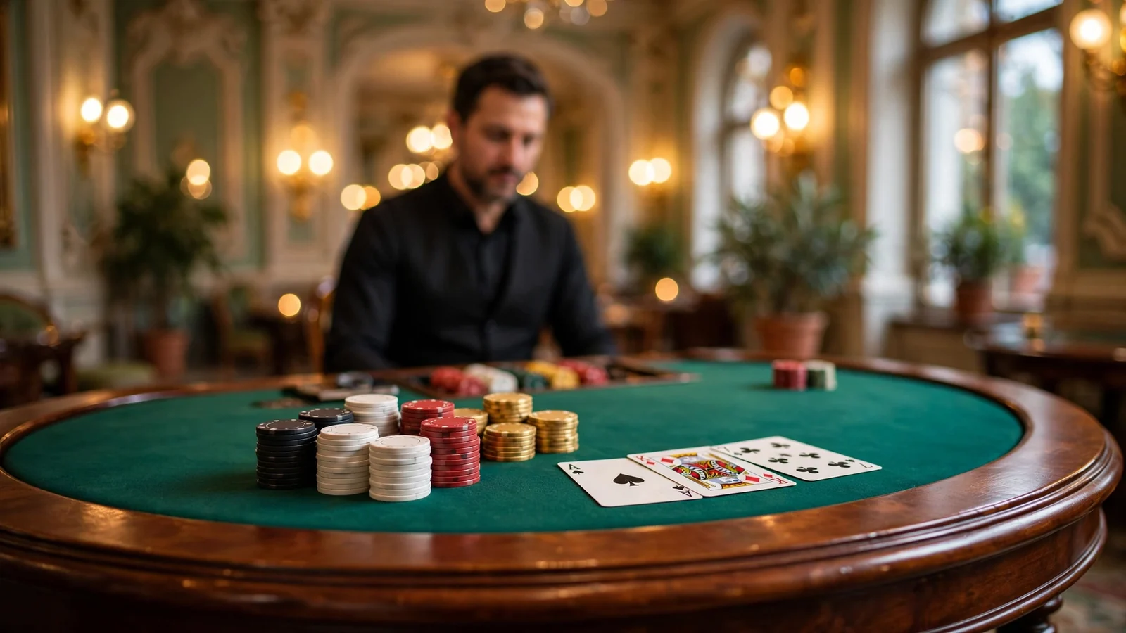 Élő blackjack asztal zsetonokkal és osztóval, elegáns kaszinóstúdióban