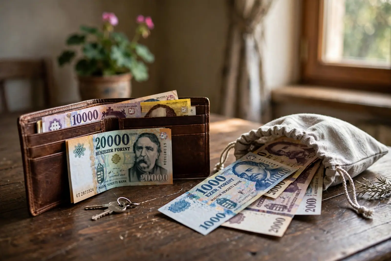 Pénztárca és külön erszény forint bankjegyekkel