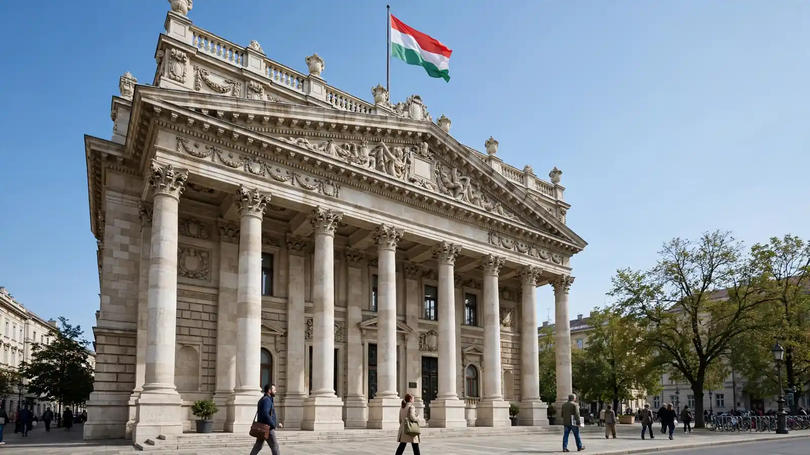 Magyar kormányépület oszlopokkal és zászlóval